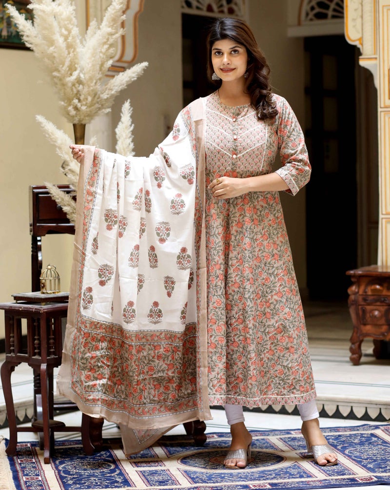 Miravan Brown Floral Cotton Anarkali Kurta with Dupatta for Women - Image 1